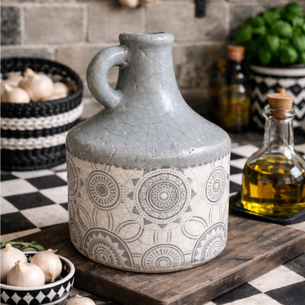 Rustic Ceramic Decorative Jug Vase in Gray & White